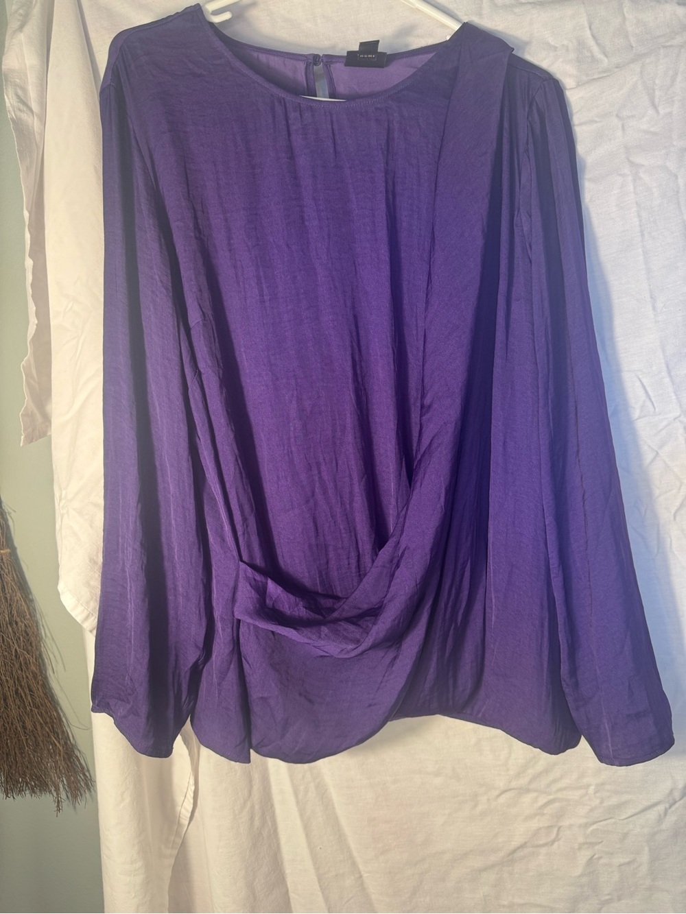 Worthington XL Purple Faux Wrap Draped Front Silky Long Sleeve Blouse Top EUC